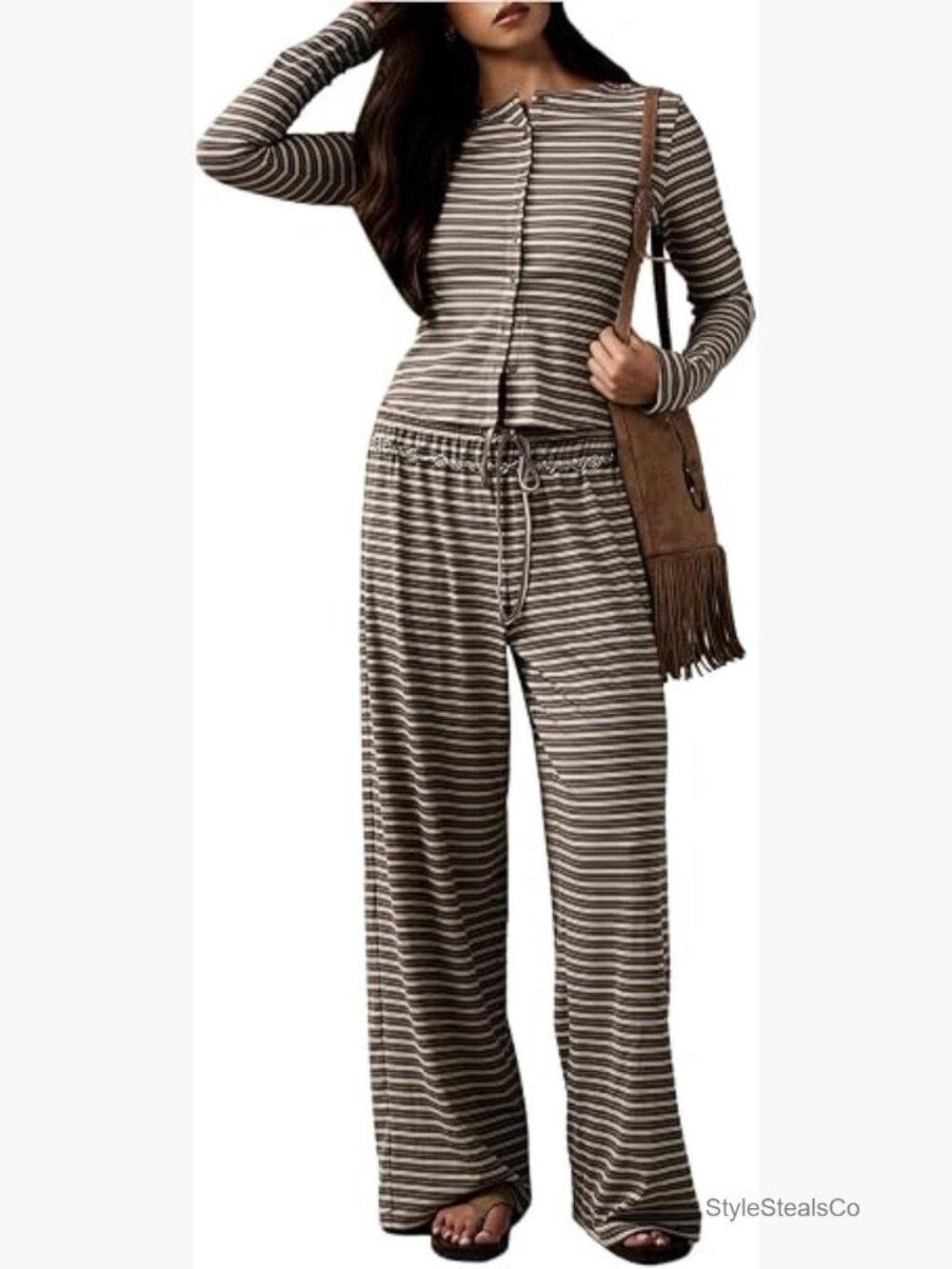 Striped 2 Piece Pants Outfit Long Sleeve Button Down Knit Top Wide Leg Palazzo